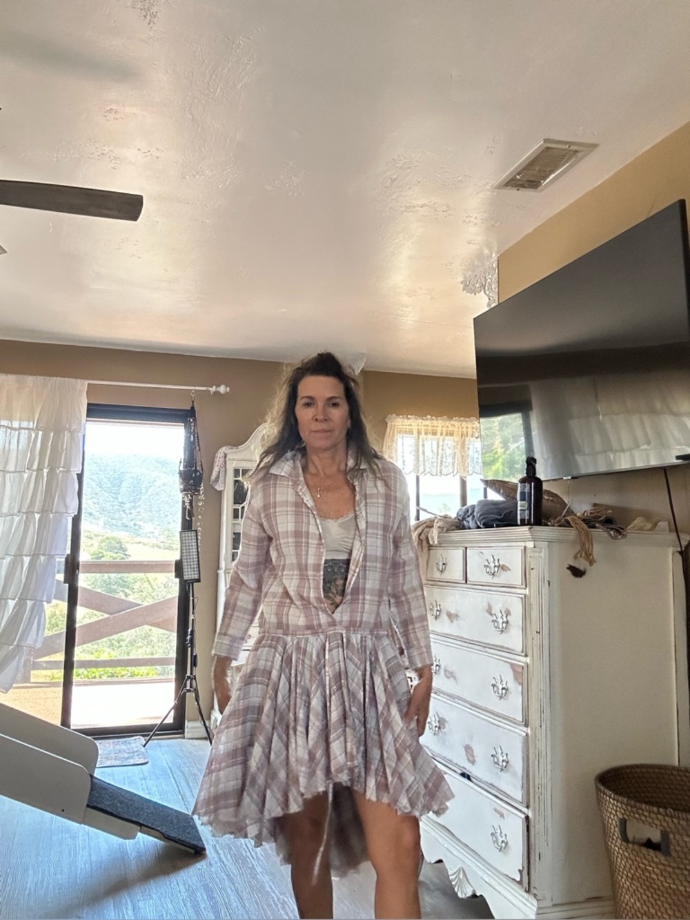 Plaid Button-Front Shirt Dress in Light Pink